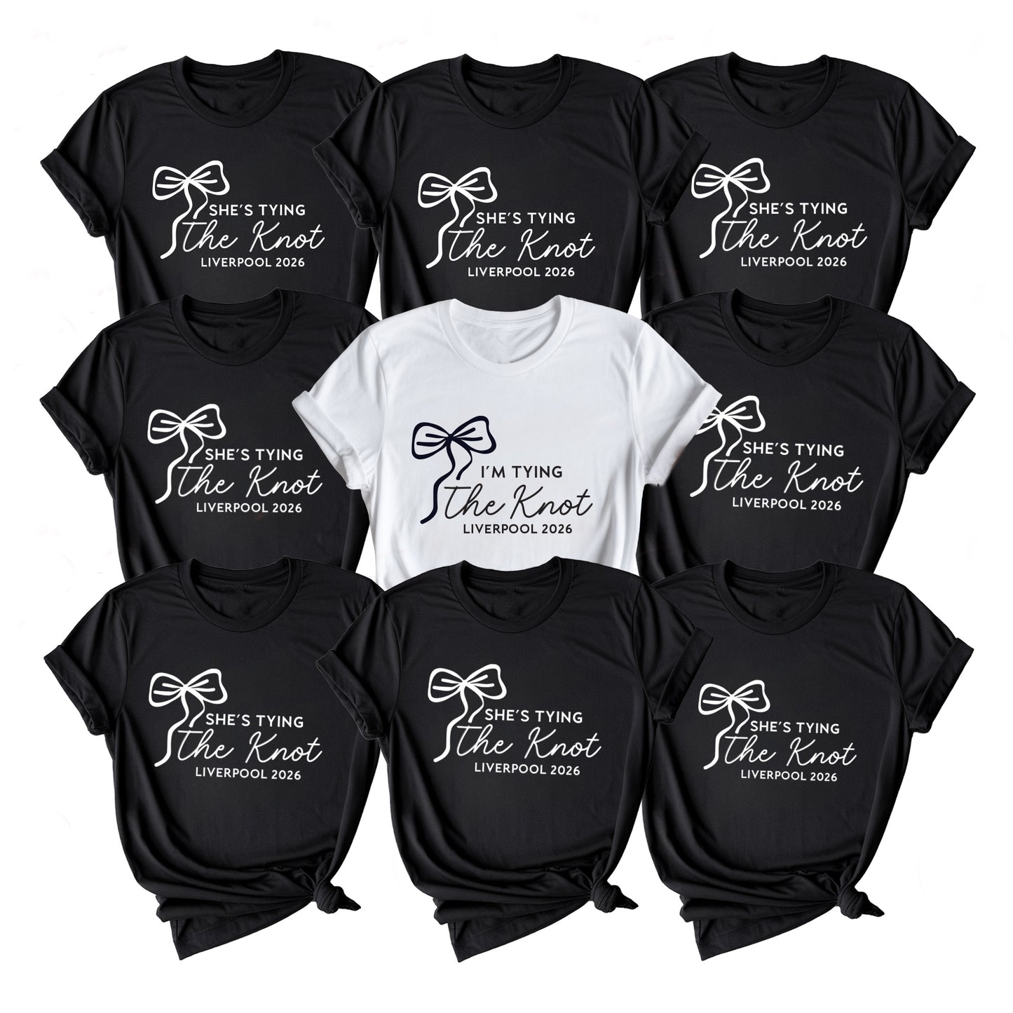 Collection of black and white t-shirts with 'She's Tying the Knot' text on a white background