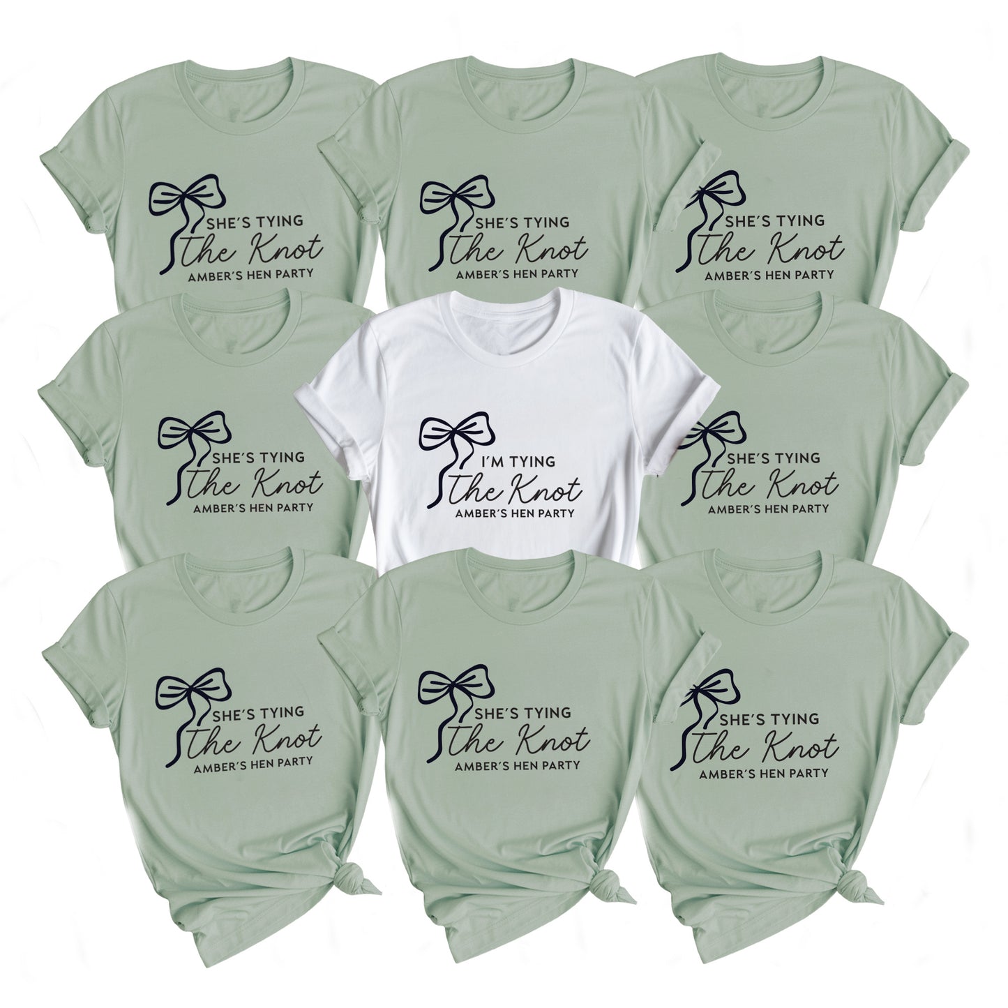 Collection of t-shirts with 'She's tying the knot' text in various colors on a white background