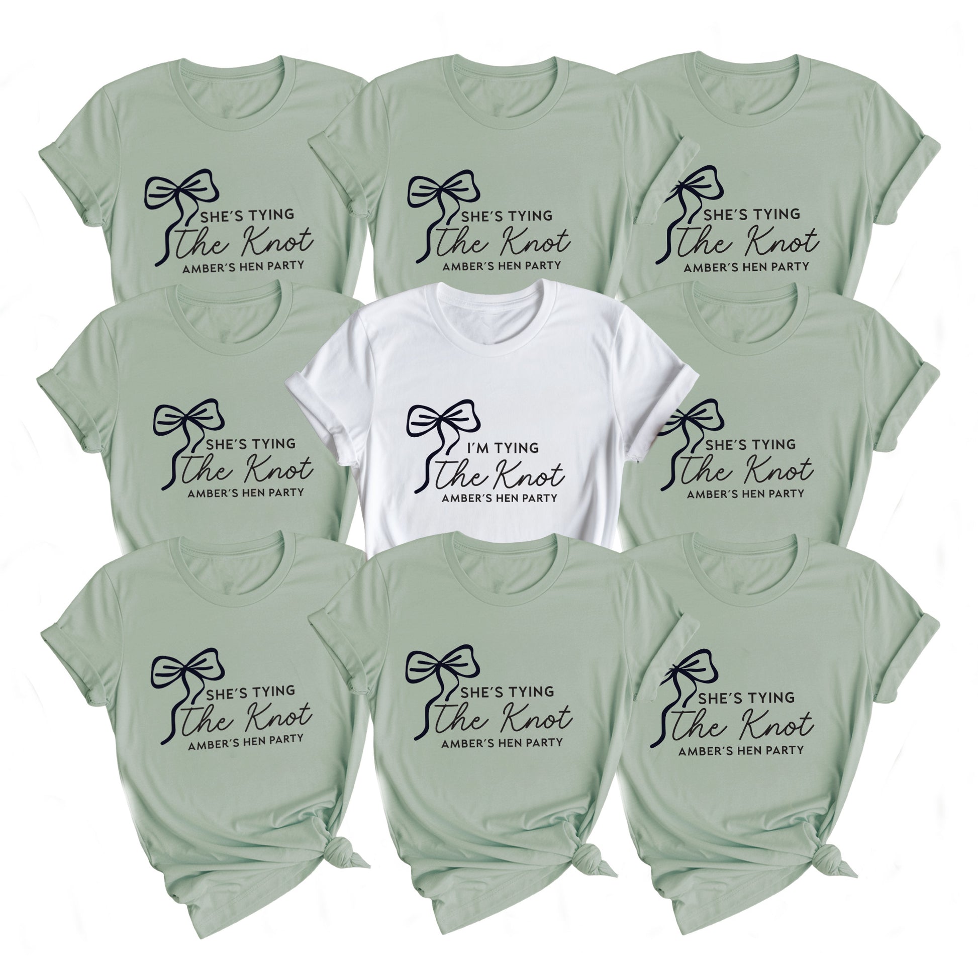 Collection of t-shirts with 'She's tying the knot' text in various colors on a white background