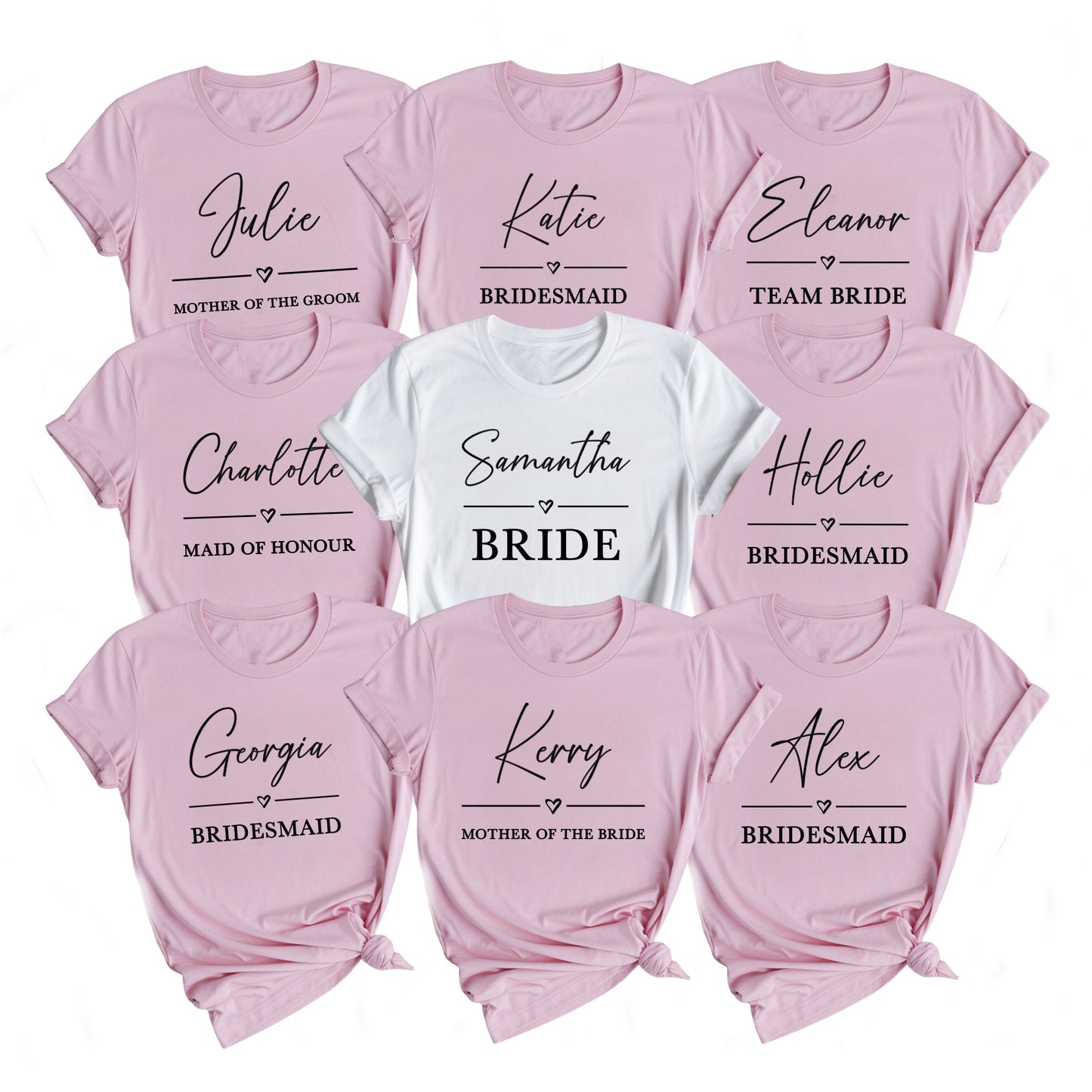 Set of pink and white t-shirts with names printed on them, including 'Bride', 'Bridesmaid', and 'Mother of the Groom'.