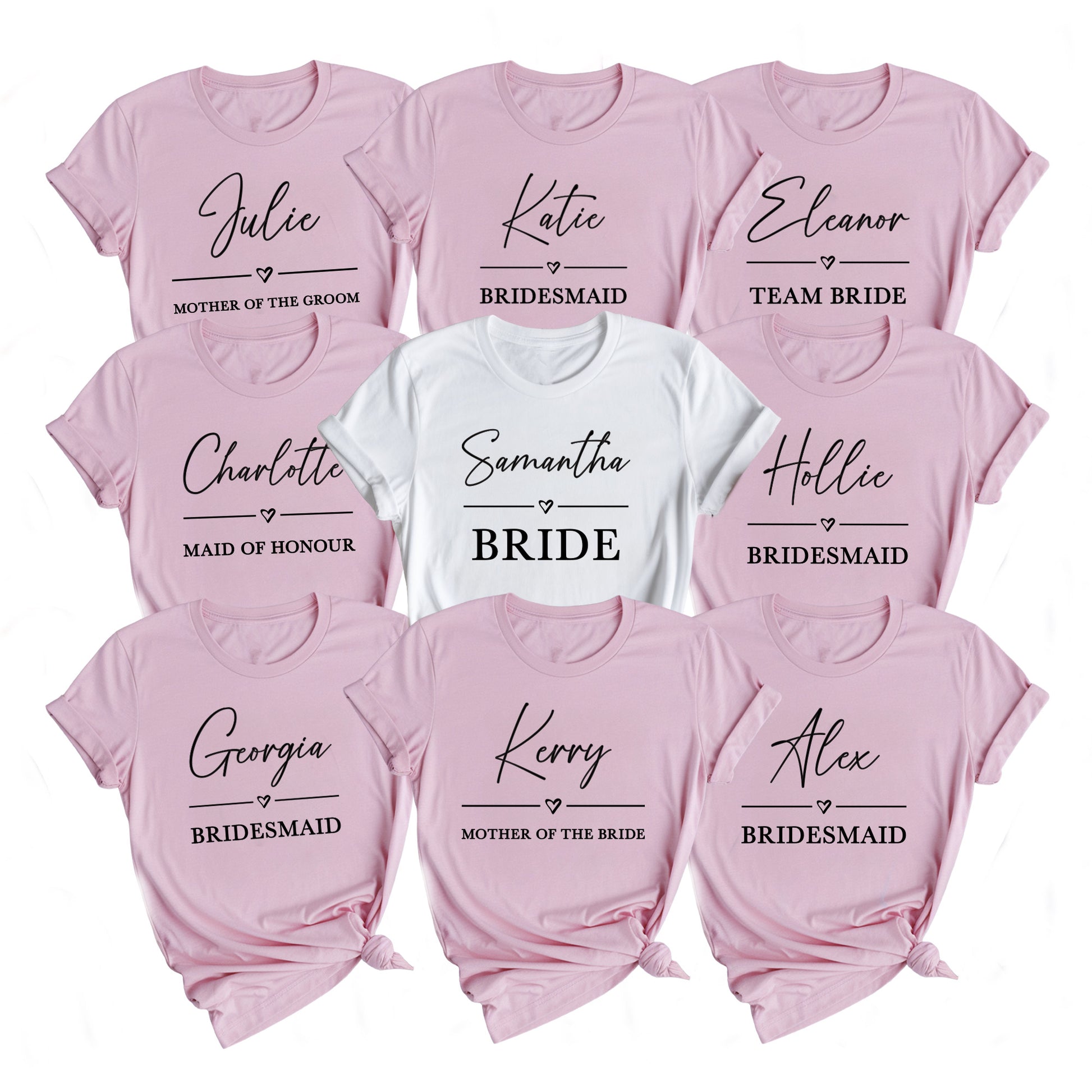 Set of pink and white t-shirts with names printed on them, including 'Bride', 'Bridesmaid', and 'Mother of the Groom'.