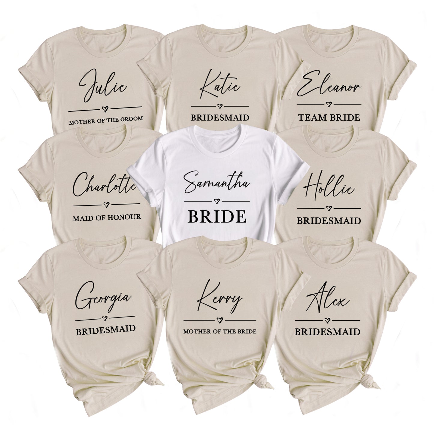 Set of t-shirts with names printed on them, including 'Bride', 'Bridesmaid', and 'Mother of the Groom'.