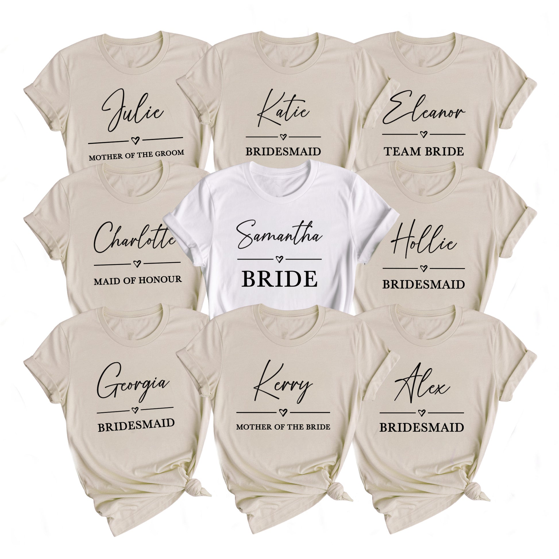 Set of t-shirts with names printed on them, including 'Bride', 'Bridesmaid', and 'Mother of the Groom'.
