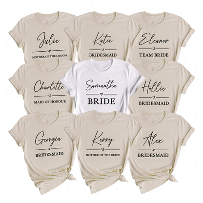 Set of t-shirts with names printed on them, including 'Bride', 'Bridesmaid', and 'Mother of the Groom'.