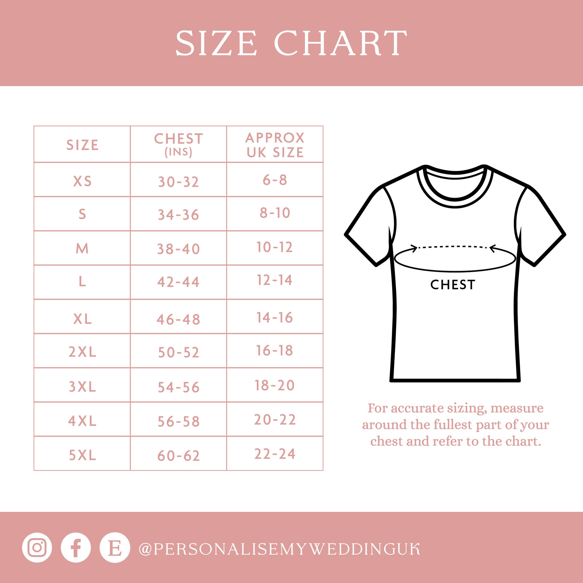 Size chart for shirts with measurements and approximate UK sizes on a pink background
