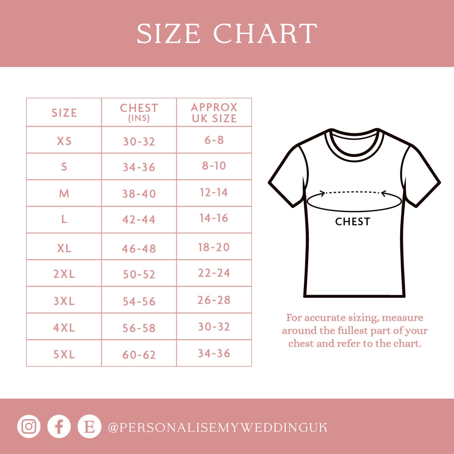Size chart for shirts with measurements and approximate UK sizes on a pink background