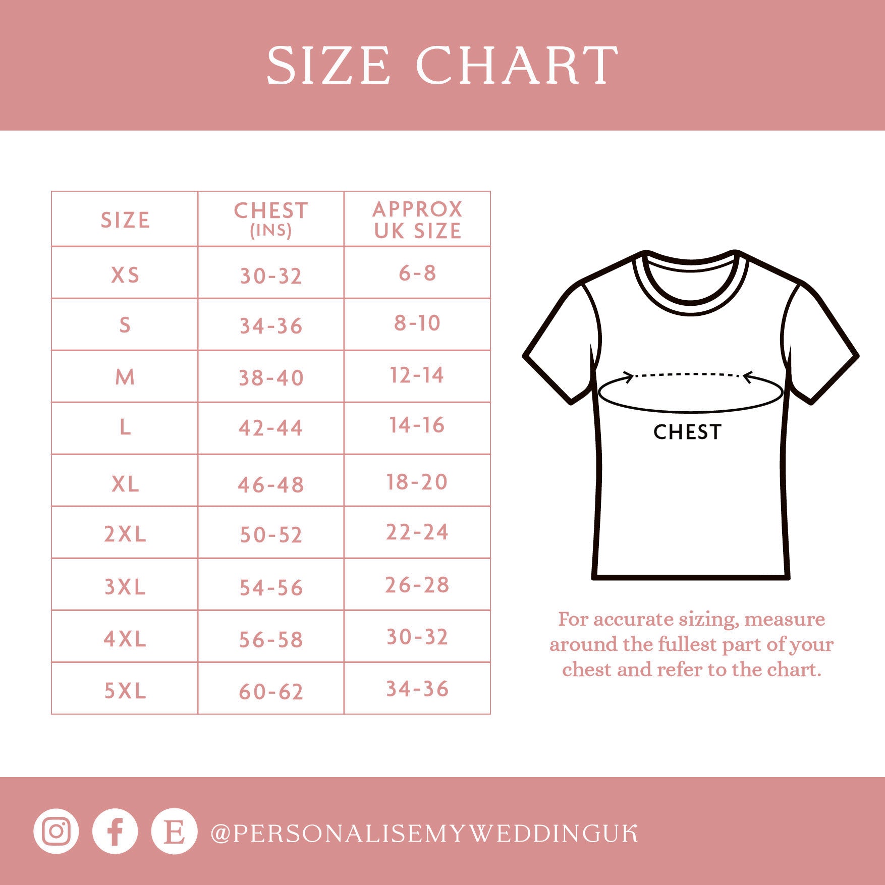 Size chart for shirts with measurements and approximate UK sizes on a pink background
