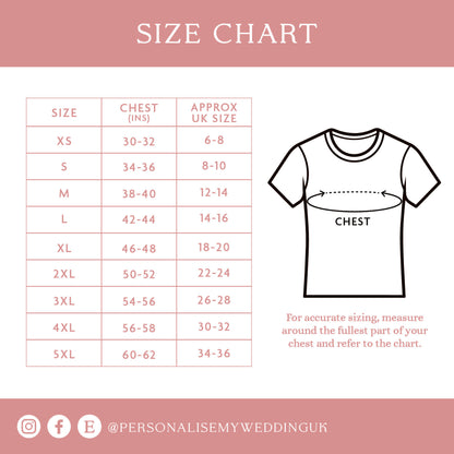 Size chart for shirts with measurements and approximate UK sizes on a pink background