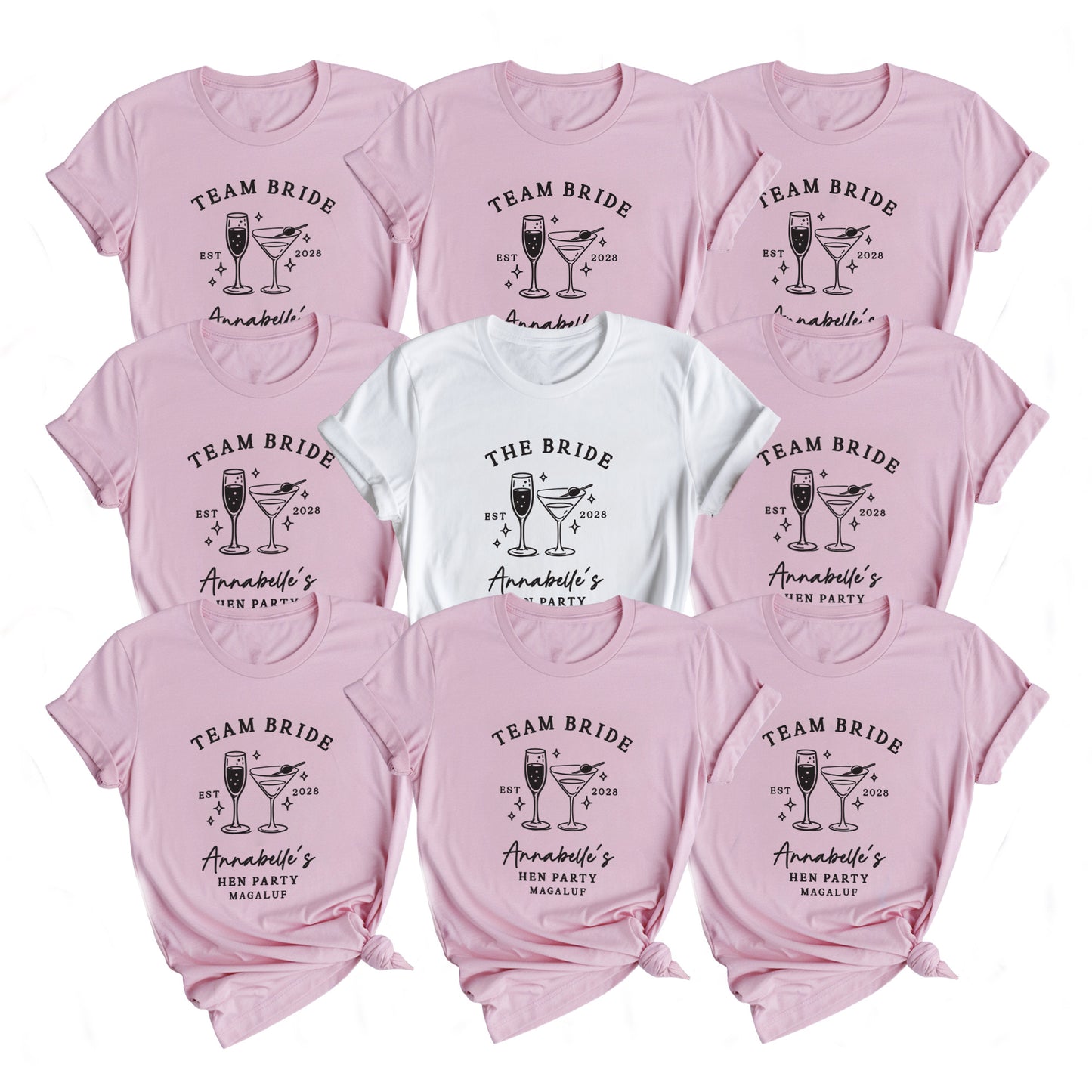 Personalised Team Bride Hen Party T Shirts - Pink & White