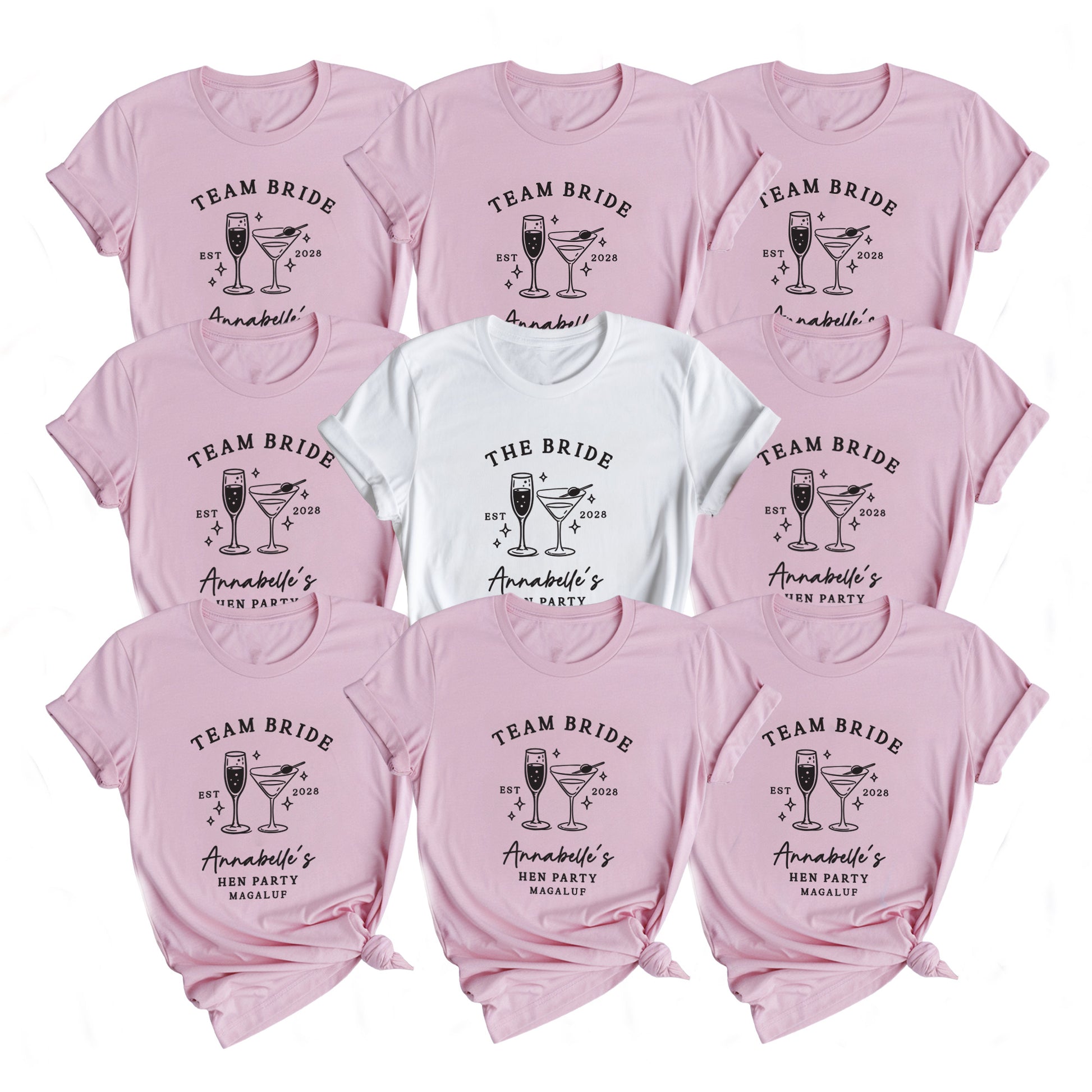 Personalised Team Bride Hen Party T Shirts - Pink & White