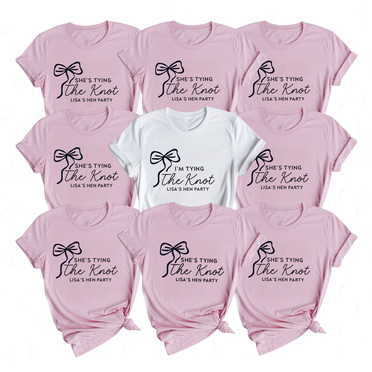 Set of pink t-shirts with 'She's tying the knot' text, suitable for a hen party.