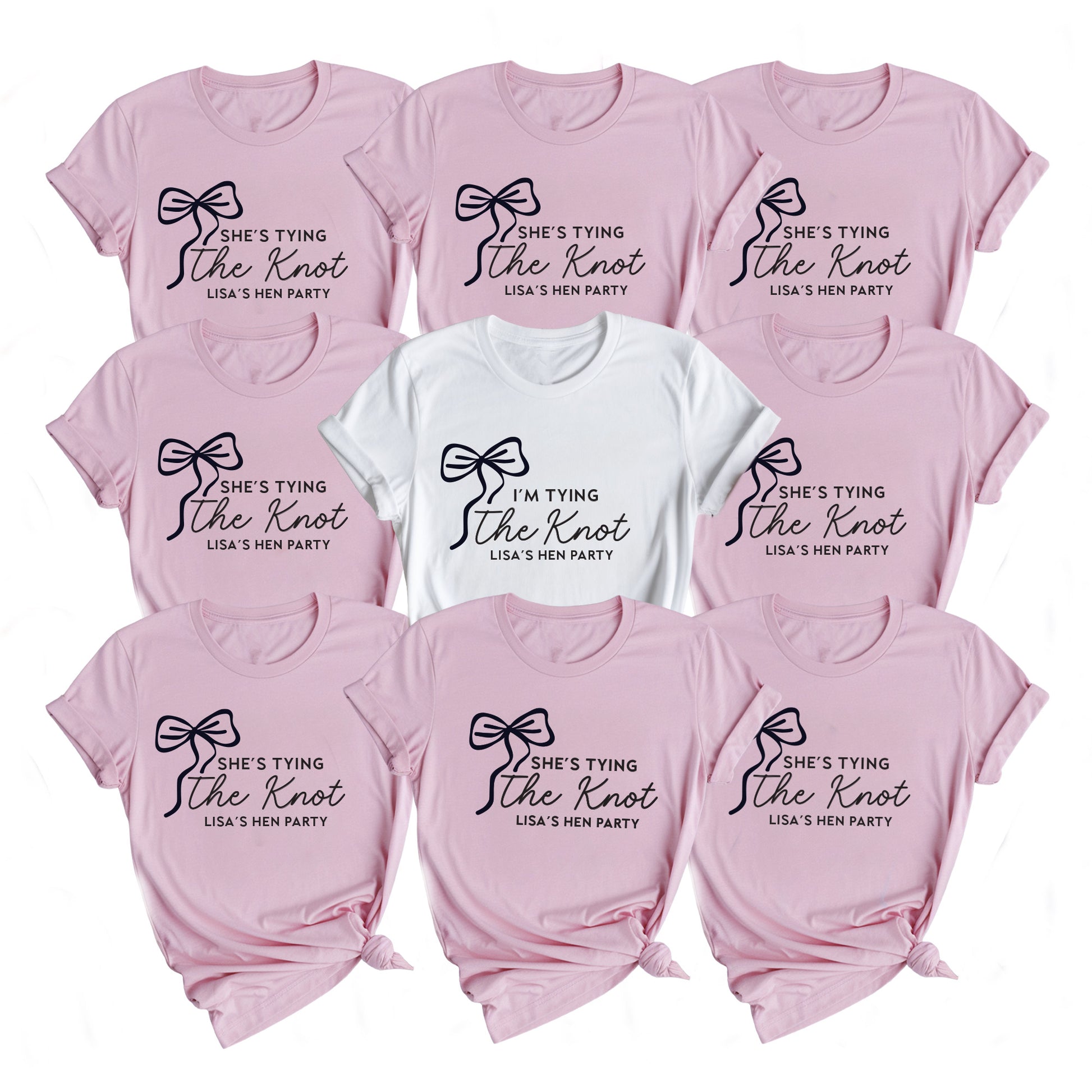 Set of pink t-shirts with 'She's tying the knot' text, suitable for a hen party.