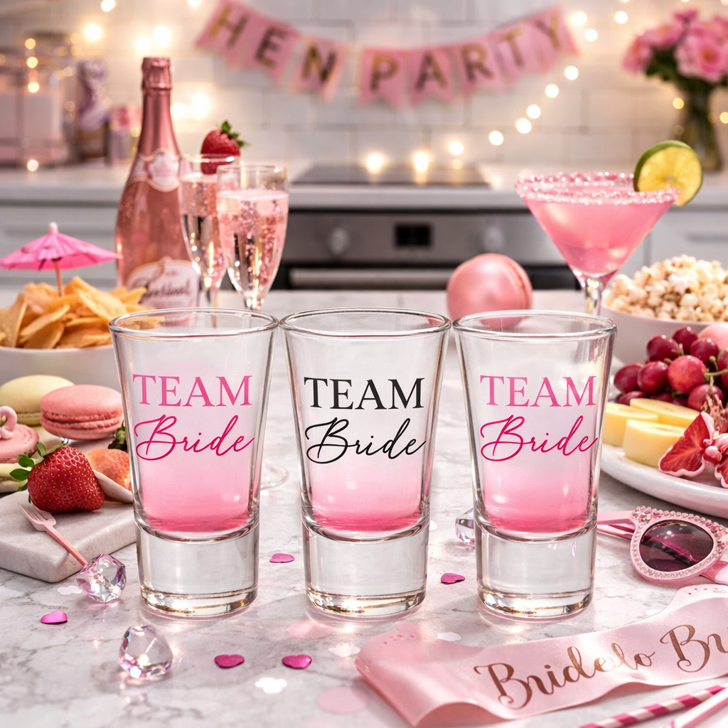 Three 'Team Bride' shot glasses on a table with hen party decorations.