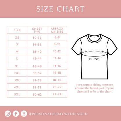 Size chart for shirts with measurements and approximate UK sizes on a pink background