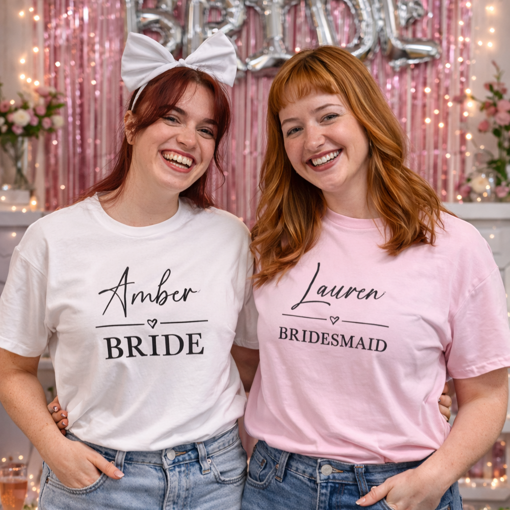 Two women wearing 'Bride' and 'Bridesmaid' shirts in a celebratory setting.